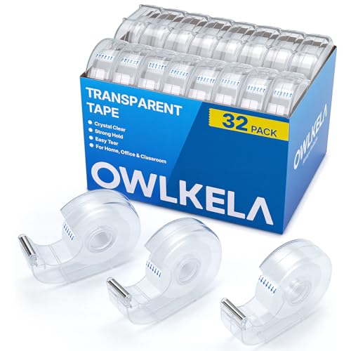 OWLKELA 32 Pack Clear Tapes and Refillable Dispensers, 0.7" x 28 yds per roll, Transparent Tape Refills, Office Tape with Dispenser for Home, School, 1 inch White core - size: 32 Pcs