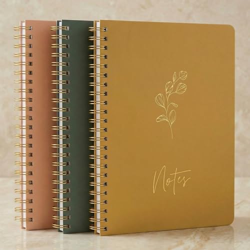 ZICOTO Aesthetic Spiral Notebook Set of 3 - Cute 8x6 College Ruled Journals with Pockets - Perfect for Women to Stay Organized at Work or School - color: rose-mustard-emerald, size: Medium 8x6