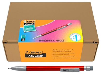 BIC Xtra-Precision Mechanical Pencils with Erasers, Red Barrel, Fine Point (0.5mm), 50-Count Pack - color: Red