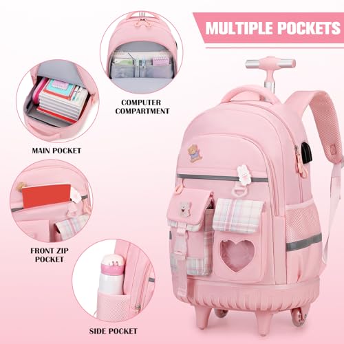 ACESAK Rolling Backpack for Girls - Roller Wheels School Bookbag with Lunch Bag & Pencil Pouch for Teen Girls Kids Wheeled Suitcase Backpacks, Elementary Middle School Travel Daypack (Pink) - color: Pink