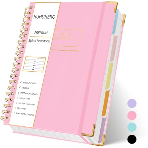 Huhuhero 5 Subject Notebook with Dividers, 240 Pages Pink Spiral Journal College Ruled, B5 Aesthetic Writing Journals for Women, Hardcover Notebooks for Work Note Taking, College Essentials - color: Pink