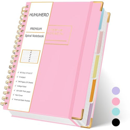 Huhuhero 5 Subject Notebook with Dividers, 240 Pages Pink Spiral Journal College Ruled, B5 Aesthetic Writing Journals for Women, Hardcover Notebooks for Work Note Taking, College Essentials - color: Pink