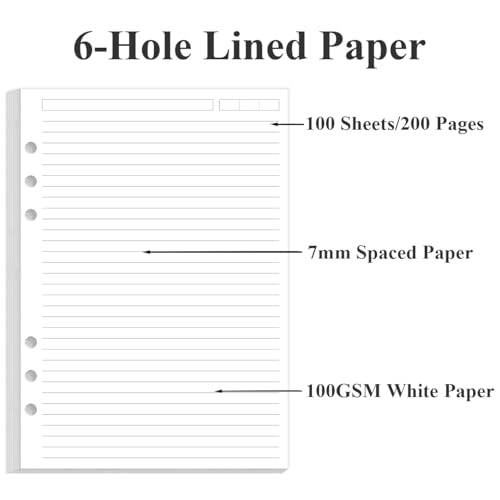 6-Hole Lined Paper Refills for A5 Ring Binder - 100 Sheets/200 Pages Loose Leaf Paper Line Refills for Filofax Planner, 100 gsm White Paper, 5.8" x 8.25" - size: 5.8" x 8.25" - 6-Hole, style: 100 Sheets