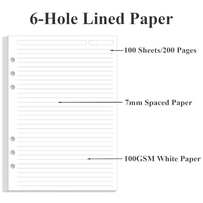 6-Hole Lined Paper Refills for A5 Ring Binder - 100 Sheets/200 Pages Loose Leaf Paper Line Refills for Filofax Planner, 100 gsm White Paper, 5.8" x 8.25" - size: 5.8" x 8.25" - 6-Hole, style: 100 Sheets