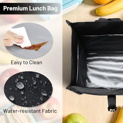 MIER Insulated Lunch Bag Roll Top Lunchbox for Women Men Adults Foldable Rolltop Lunch Tote with Shoulder Strap for Work Office Picnic, Water Bottle Holder, Black - color: Black