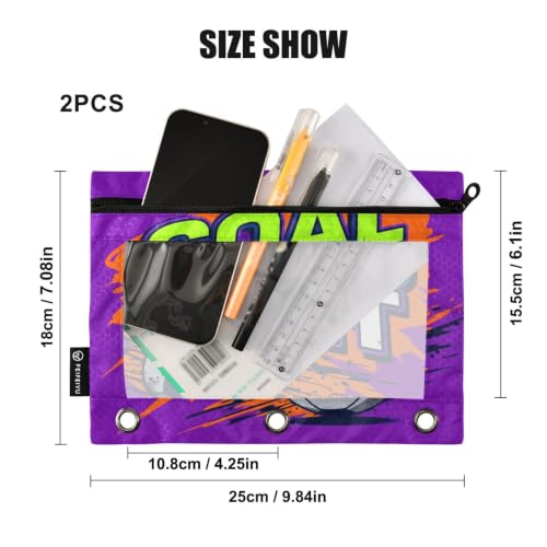 Gredecor 3 Ring Binder Pencil Pouch, Goal Time Soccer Ball Zippered Pen Case Pouches with Clear Window, 2 Pack Stylish Office & School Supplie - color: Goal Time Soccer Ball