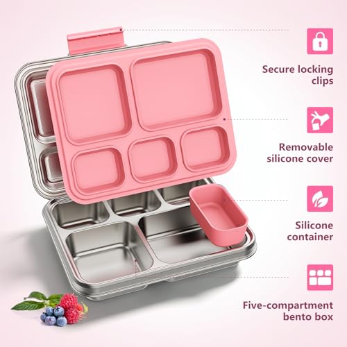 Pawtong Stainless Steel Lunch Box, 5-Compartment Bento Lunch Box for Kids & Adults,Metal Lunch Box with Removable Silicone Container, Lunch Box Containers for School,Office(Pink) - color: Pink