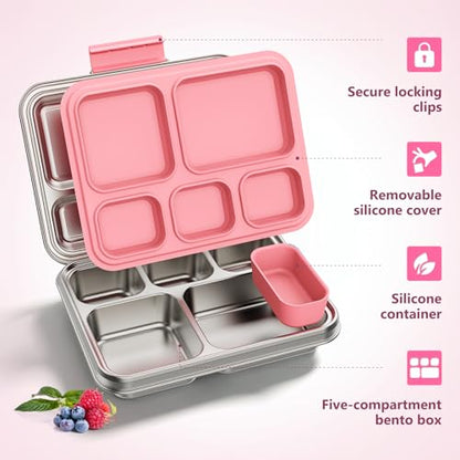 Pawtong Stainless Steel Lunch Box, 5-Compartment Bento Lunch Box for Kids & Adults,Metal Lunch Box with Removable Silicone Container, Lunch Box Containers for School,Office(Pink) - color: Pink