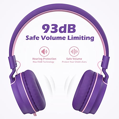 Kids Headphones, Wired Headphones for Kids On Ear with Microphone, 93dB Volume Limiter Headphone for Girls Boys, Foldable Lightweight Headphone for School Learning & Entertainment, Pink Purple - color: Pink Purple