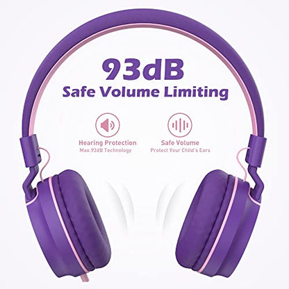 Kids Headphones, Wired Headphones for Kids On Ear with Microphone, 93dB Volume Limiter Headphone for Girls Boys, Foldable Lightweight Headphone for School Learning & Entertainment, Pink Purple - color: Pink Purple
