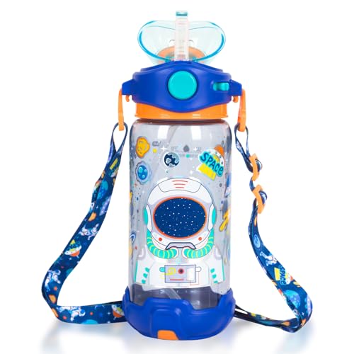 Kids Water Bottle with Straw/Lanyard for School Kids Girls Boys, 22oz BPA Free Child Drinking Water Bottle One-Click-Open Leak-Proof Locking Flip Lid for School Sport Travel - color: H05. Space