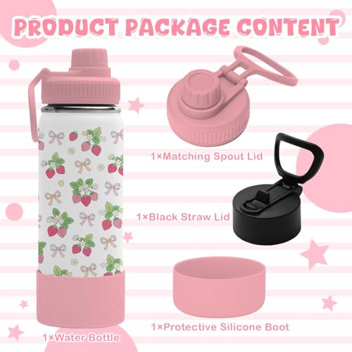 18oz Strawberry Water Bottle with 2Lids (Spout and Straw Lid), Insulated Stainless Steel Travel Bow Tumbler Cup, Strawberries Gifts for Women Teens Kids Girls - color: Strawberry