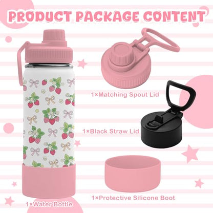 18oz Strawberry Water Bottle with 2Lids (Spout and Straw Lid), Insulated Stainless Steel Travel Bow Tumbler Cup, Strawberries Gifts for Women Teens Kids Girls - color: Strawberry