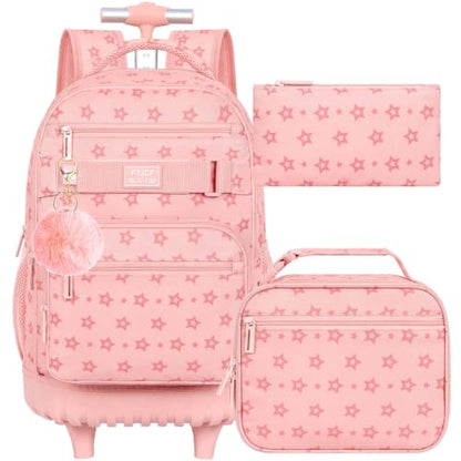 HPJGD 3PCS Rolling Backpack for Girls, Pink Star Roller School Backpacks with Wheels, Water-Resistant Wheeled Bookbag Set - color: Pink Star Rolling Backpack Set