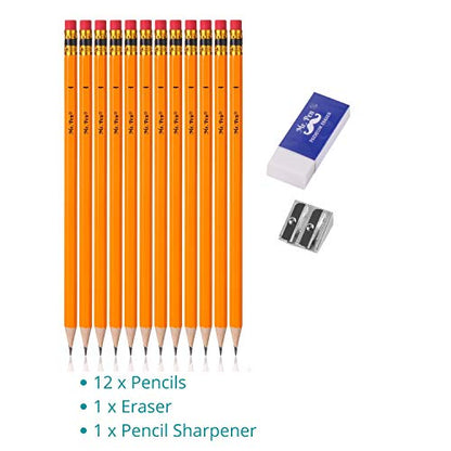 Mr. Pen- Pre-sharpened #2 HB Pencils, 12 Pack, Double-Hole Metal Sharpener | Vinyl Eraser, 2 Pencils with Erasers for Kids, Students, School Supplies