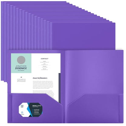 Gueevin 100 Pack Plastic Folder with Pockets, 2 Pocket Folders, Plastic Glossy Folders Fit Letter Size Paper, Heavy Duty Durable File Folder with Business Card for Home Office School (Purple) - color: Purple