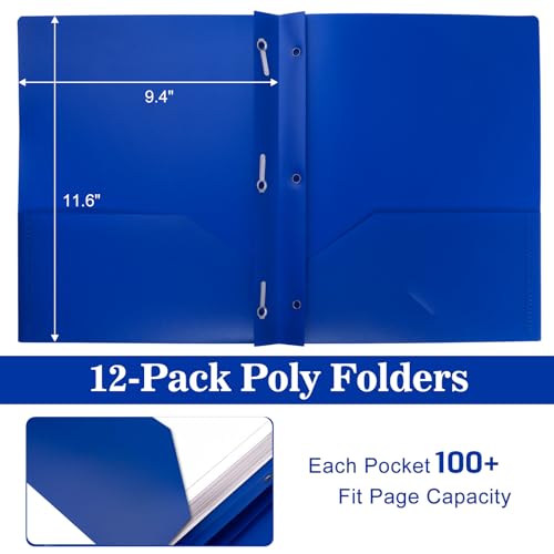 12-Pack Plastic Folders with Pockets and Prongs, 2-Pocket Poly Folders with 3 Fasteners Holds 8-1/2" x 11" Paper for School/Office/Home, Blue - color: Deep Blue, size: 12-Pack