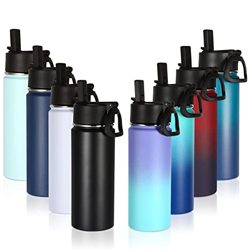 Volhoply 18oz Insulated Water Bottle Bulk 8 Pack,Kids Stainless Steel Water Bottles with Straw Lid,Wide Mouth Reusable Metal Cups,Double Wall Vacuum Sports Flask For Cold Drink(Eight Color,8 Set) - color: Eight Color