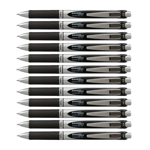 Pentel EnerGel RTX Retractable Liquid Gel Pen, (0.7mm) Medium Line, Metal Tip, Black Ink, Box of 12 (BL77-A)