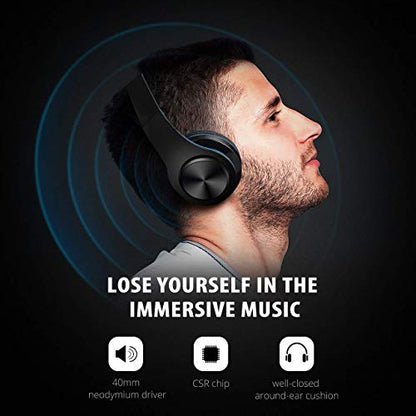 Wireless Headset with Mic, Foldable Bluetooth Headphone with 3.5mm Audio Jack, Built-in Noise Cancelling Microphone, Support for Plug-in Card, for PC, Phone(Black+Blue)