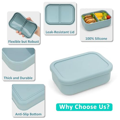 100% Silicone Bento Box Adult with 2 Compartments, 24oz, Reusable Small Divided Lunch Box Meal Prep Containers for Food Snack Storage, BPA-Free Plastic-Free, Microwave Dishwasher safe, Green - color: Green | 24oz | 2-Compartment