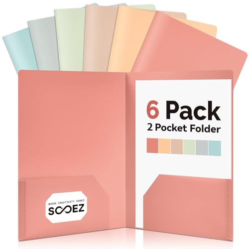 Sooez 6Pack Folders with Pockets, Pastels Colors, Heavy Duty Pocket Folder, Plastic Folders with Pockets, 2-Pocket Folder Bulk, Aesthetic File Folder, Back to School Office Filing Supplies - color: Ligth Retro Colors