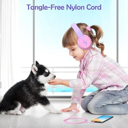 Candy Bila Kids Headphones, Wired Headphones for Kids Over Ear with Microphone, 85/94dB Volume Headphones for Girls Boys, Foldable Headphones for Learning & Entertainment - color: Gradient Blue, Gradient Purple