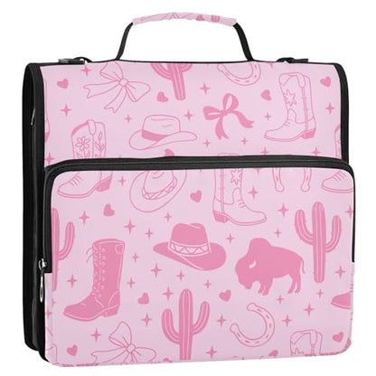 Zipper Binder Bag 3 Ring File Folder Portfolio Organizer Zippered Binder Bags with Strap Fits Laptop Women Men - color: 32-western Cowgirl Bow
