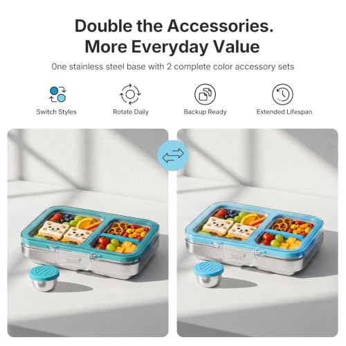 Leak-Resistant 18/8 Stainless Steel Bento Lunch Box Kids 7+ and Adults | 2 Swappable Style Accessories, BPA-Free Tritan Lid, Dishwasher Safe, School, Office & Travel - color: Cyan