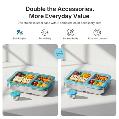 Leak-Resistant 18/8 Stainless Steel Bento Lunch Box Kids 7+ and Adults | 2 Swappable Style Accessories, BPA-Free Tritan Lid, Dishwasher Safe, School, Office & Travel - color: Cyan