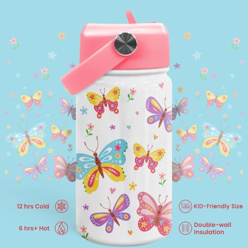 Kids Water Bottle with Straw Lid - 12 Oz Insulated Stainless Steel Water Bottles for Kid Girl- Travel Cup for School Sports - color: Butterfly