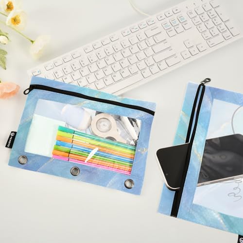 Personalized Pencil Pouch for 3 Ring Binder Blue Gold Sparkle Marble Custom Pencil Pouches Case Binder Cosmetic Bag 2 Pack for Office School College Supplies - color: Blue Gold Sparkle