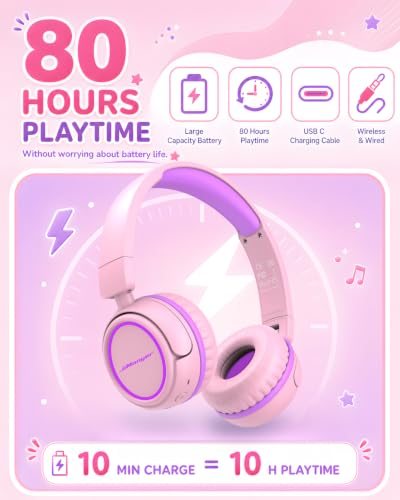 Kids Bluetooth Headphones, 80H Playtime Lightweight Wireless Headphones for Kids, 85/94dB Safe Volume Limit, Bluetooth 5.4, Built-in Mic kids headphones for School, Travel, iPad, Tablet (Pinkpurple) - color: Pinkpurple