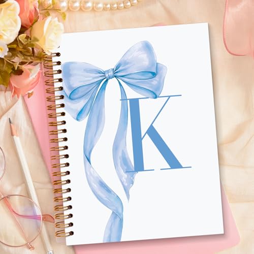 JXREQ Coquette Blue Bow Personalized Notebook, Initial Letter K Monogram Journal, Preppy Girly Ribbon Bow Journal, Monogrammed Gifts for Women, Aesthetic Spiral Notebook 5.5x8.3 - color: K Blue