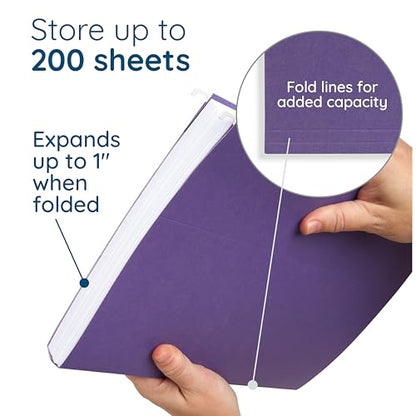 25 Blue Summit Supplies Purple Hanging File Folders - Letter Size, Durable 11pt Paper, Hanging File Folders, Purple, with Plastic Tabs and Inserts Included - color: Purple
