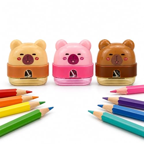 3 PCS Cute Pencil Sharpeners, Kids Pencil Sharpener Handheld, Fun Pencil Sharpener, Funny Manual Sharpeners Cartoon with Lid, Kawaii Capybara Stationary Gifts Mini School Office Supplies