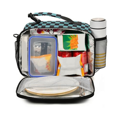 Custom Student Lunch Bag for Boys Girls Teal Black Checkered Personalized Lunch Box With Name Insulated Cooler Bag for School Picnic Travel - color: Multi03