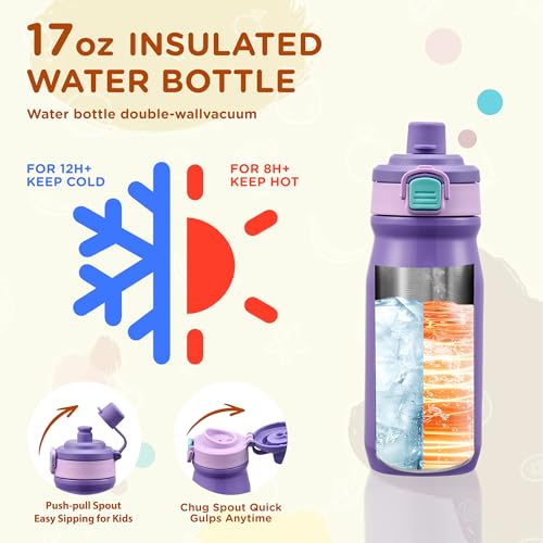 MAISON HUIS Bento Box for Kids with 8oz Soup Thermo, Insulated Lunch Bag & 17oz Water Bottle, 2-Compartment Bento Box with Built-In Ice Pack, Leak-Proof & BPA-Free (Purple) - color: Purple