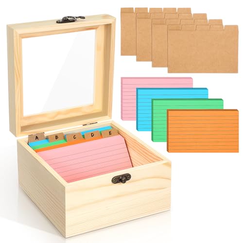 Kathfly 3 x 5 Inch Index Card Holder Set, 230 Pcs Heavy Note Index Cards Large Capacity Wooden Recipe Box Organizer Case with Dividers Flash Card Holder for Office, Home and School - color: Macron Color System