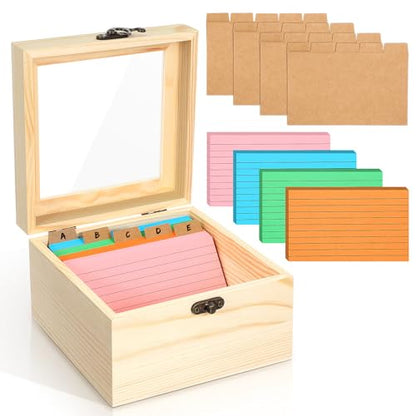 Kathfly 3 x 5 Inch Index Card Holder Set, 230 Pcs Heavy Note Index Cards Large Capacity Wooden Recipe Box Organizer Case with Dividers Flash Card Holder for Office, Home and School - color: Macron Color System