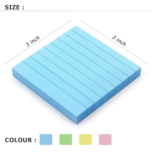 Lined Sticky Notes 3x3in, Self-Adhesive, 4 Pads, 90 Sheets/Pad, Pastel | Strong Self-Stick Adhesive, Sticks Securely and Peels Cleanly - color: Pastel