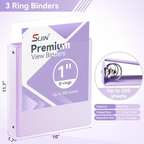 SUIN 1 Inch 3 Ring Binder, Clear 1'' View Presentation Binders with 2 Pockets, Fits 8.5 x 11 Letter Size, Durable Polypropylene, Non-Stick & PVC-Free for School, Office & Home (Brushed Lavender) - color: Brushed Lavender