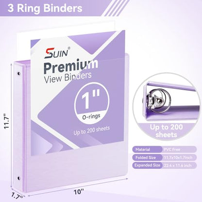 SUIN 1 Inch 3 Ring Binder, Clear 1'' View Presentation Binders with 2 Pockets, Fits 8.5 x 11 Letter Size, Durable Polypropylene, Non-Stick & PVC-Free for School, Office & Home (Brushed Lavender) - color: Brushed Lavender