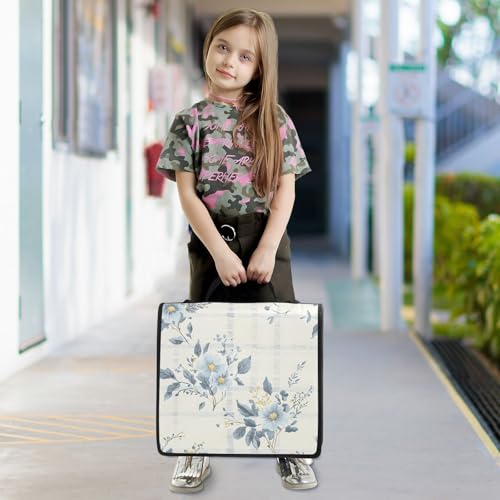 3 Ring Binder Zipper Binders Blue Flowers Plaid Expanding File Folder Bag with Shoulder Strap - color: Blue