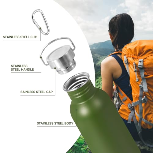 Volhoply 20oz Uninsulated Single Walled Water Bottle, Stainless Steel Reusable Water Bottles with Handle & Carabiner, BPA Free 18/8 304 Sports Water Bottles for Camping Hiking（Army Green,1） - color: Army Green