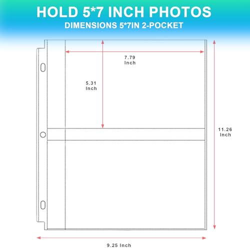 Aegero 100 Pack 5 x 7 Photo Sleeves for 3 Ring Binder(400 Pictures), Heavy-Duty Archival Photo Page Protectors, Clear Picture Album Refill Pages Holds, Acid-Free - size: 5x7inch-2pocket, style: 100 pack