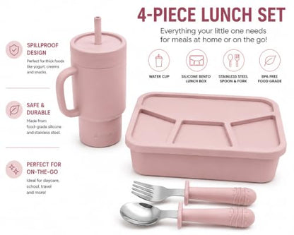 4-Piece Silicone Bento Lunch Box Set for Kids – Stainless Steel Water Cup, Spoon & Fork Included, BPA Free, Dishwasher Safe, Reusable Lunch Container - color: Dusty Pink