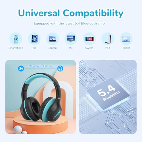 EarFun K4 Kids Bluetooth Headphones, Wireless Headphones with LED Lights | 74/85/94dBA Volume Limited, Built-in Mic, 90H Playtime, Bluetooth 5.4 Over Ear Headphone for iPad/Tablet/School, Dark Black - color: Dark Black