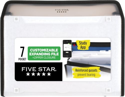 Five Star Expanding File Organizer + Study App, 7-Pocket Accordian File Organizer, Zipper Closure, Holds 8-1/2" x 11" Paper, White (350099E-ECM) (Pack of 6) - color: White, size: Pack of 6