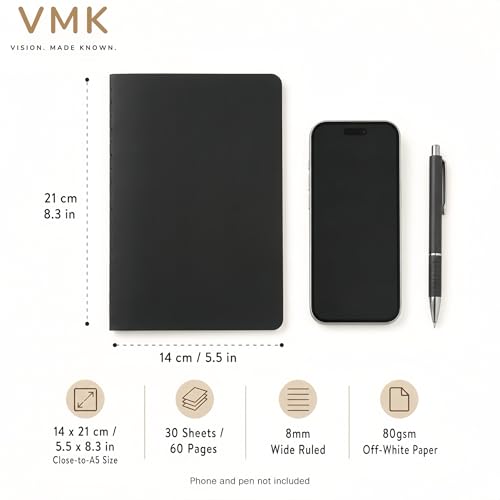 VMK 50 Pack A5 Wide Ruled Lay Flat Notebooks Bulk, Black Softcover | 30 Sheets/60 Pages Each, Thread-Sewn Binding, 80gsm Paper, 2 Bundles of 25 for Offices, Training, and Teams - color: Black